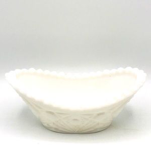 Vintage milk glass oval serving dish Hobstar & Fan pattern with sawtooth edges.